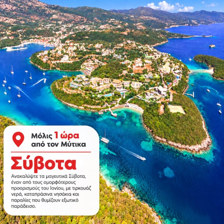 Σύβοτα, μόλις 1 ώρα από τον Μύτικα — τιρκουάζ νερά και καταπράσινα νησάκια.